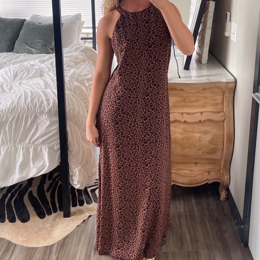 Vintage 90s Misty Lane Leopard Print High‎ Neck Flowy Maxi Dress